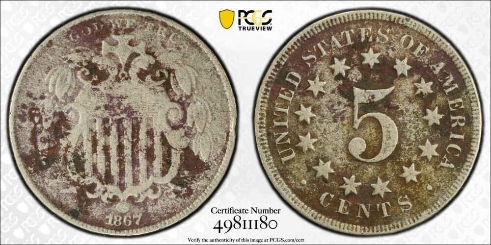 1867 5 Cent Shield Nickel Without Rays PCGS EXC Corrosion F Detail Gnumismatist